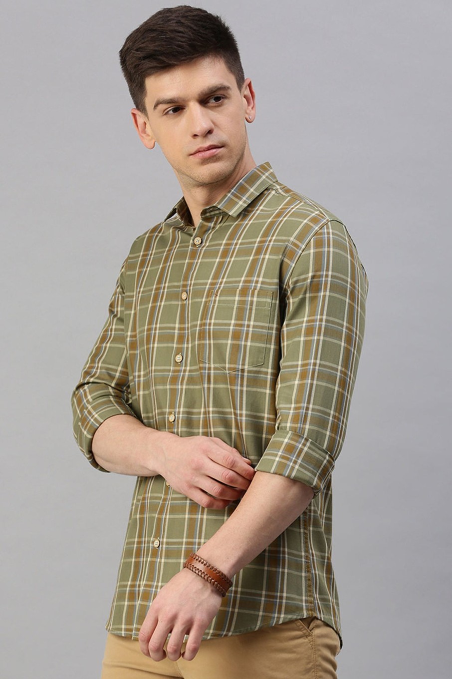 Shirts Classic Polo | Classic Polo Men'S Cotton Full Sleeve Checked Slim Fit Polo Neck Green Color Woven Shirt | So1-161 B