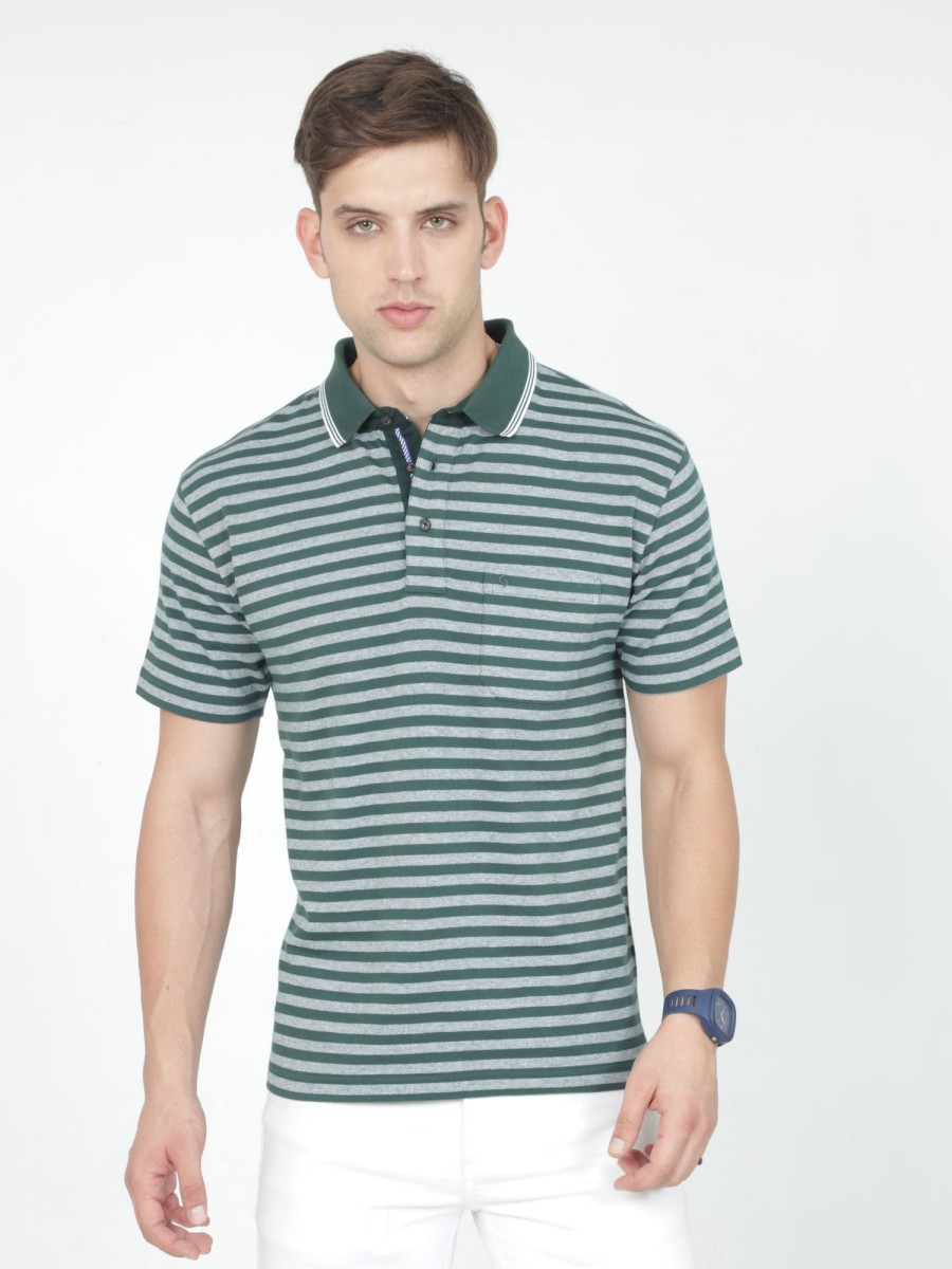 T-Shirts Classic Polo | Classic Polo Mens Cotton Half Sleeves Striped Authentic Fit Polo Neck Green Color T-Shirt | Rare - 09 A Af P