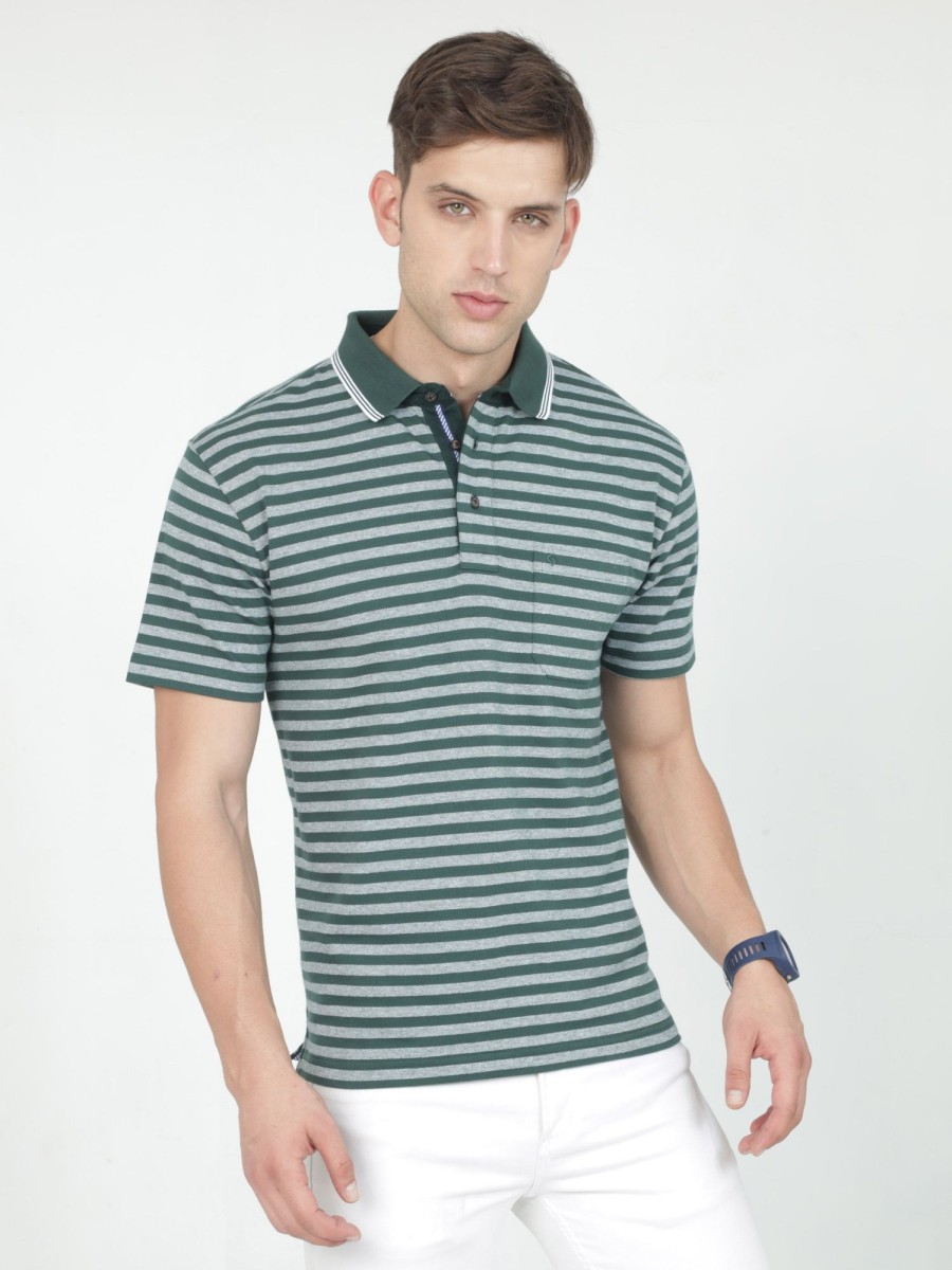 T-Shirts Classic Polo | Classic Polo Mens Cotton Half Sleeves Striped Authentic Fit Polo Neck Green Color T-Shirt | Rare - 09 A Af P