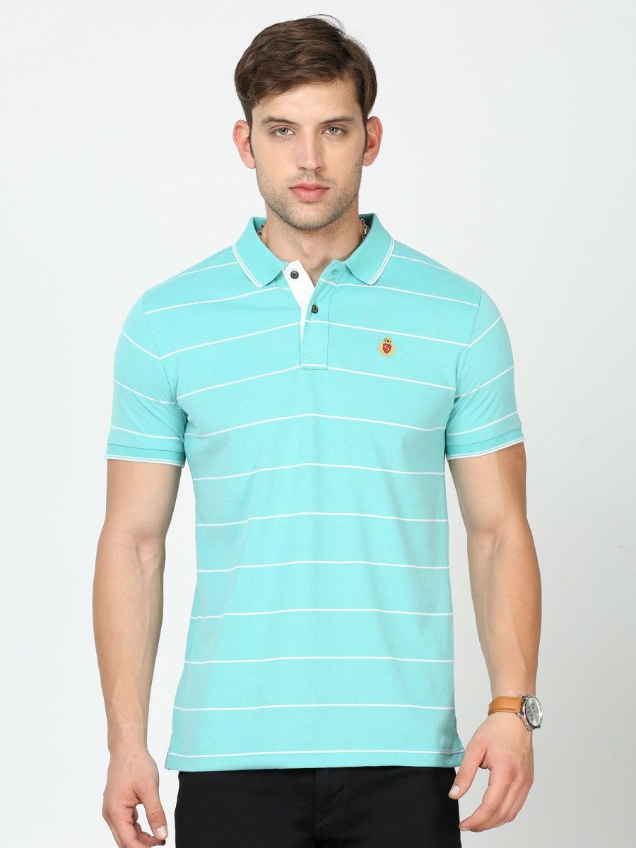 T-Shirts Classic Polo | Classic Polo Mens Cotton Half Sleeves Striped Slim Fit Polo Neck Aqua Color T-Shirt | Cpeg - 306 B Sf P