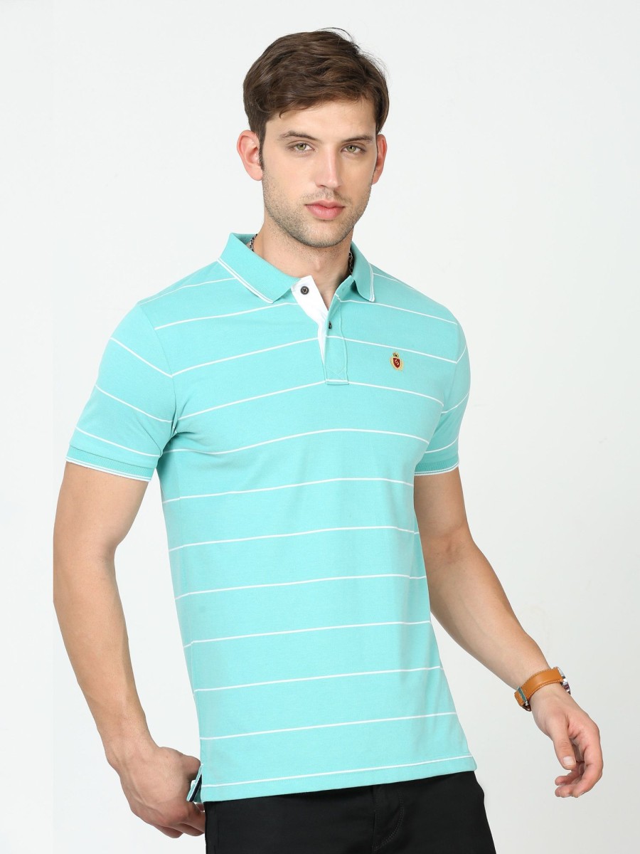 T-Shirts Classic Polo | Classic Polo Mens Cotton Half Sleeves Striped Slim Fit Polo Neck Aqua Color T-Shirt | Cpeg - 306 B Sf P