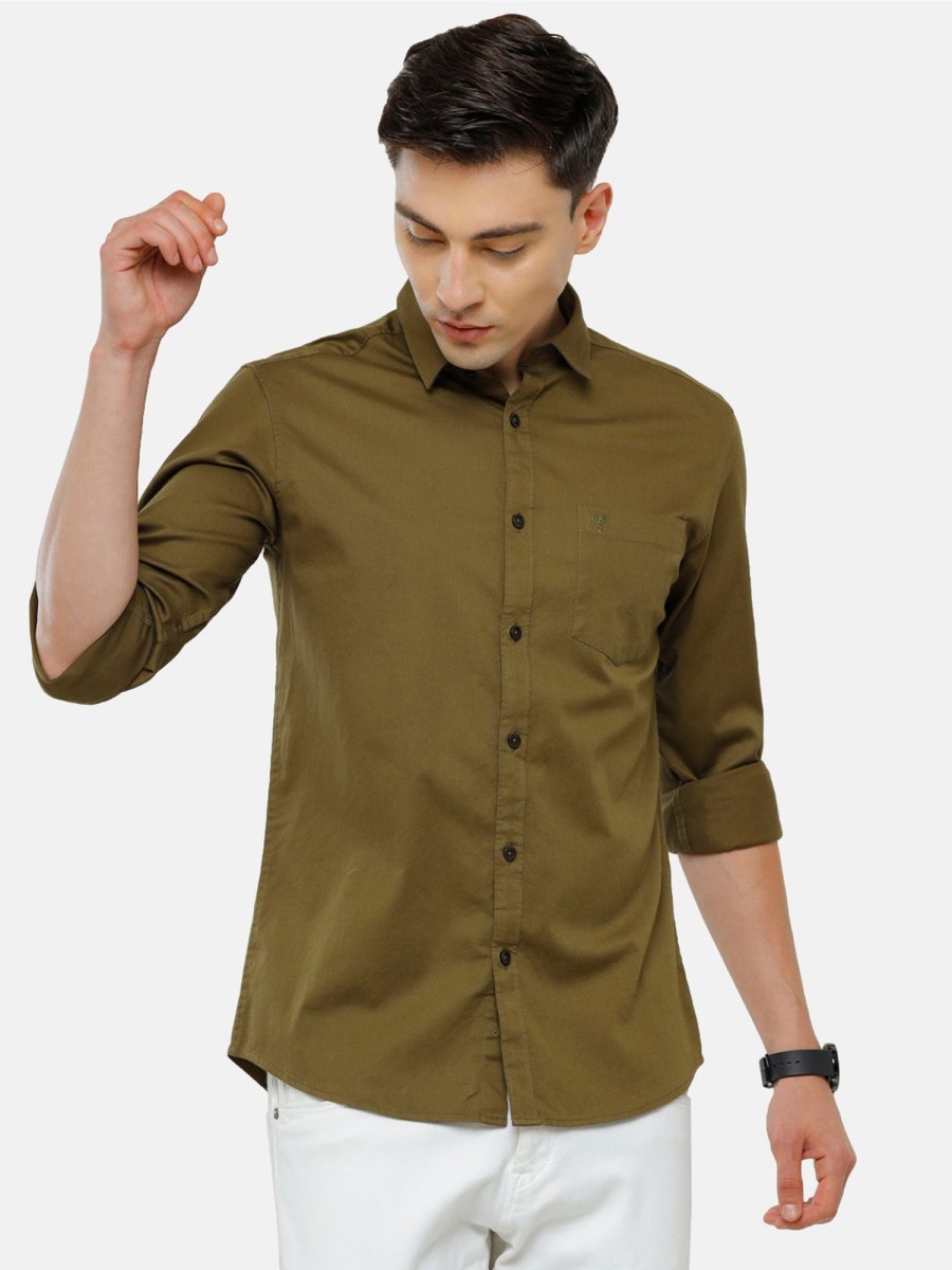 Shirts Classic Polo | Classic Polo Men'S Cotton Olive Solid Full Sleeve Shirt - Zeus Olive