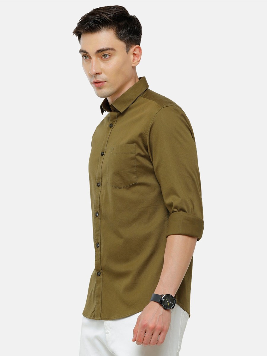 Shirts Classic Polo | Classic Polo Men'S Cotton Olive Solid Full Sleeve Shirt - Zeus Olive