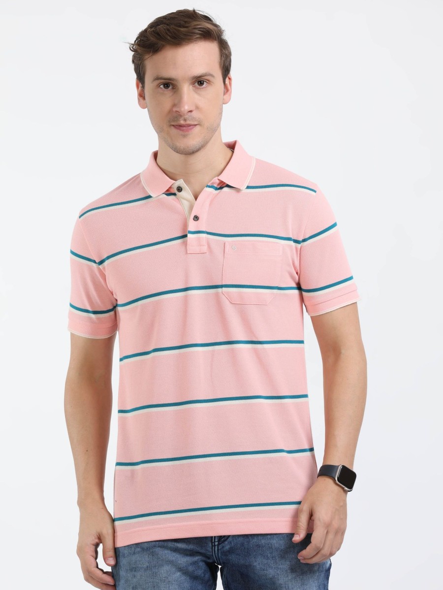 T-Shirts Classic Polo | Classic Polo Mens Cotton Half Sleeves Striped Slim Fit Polo Neck Pink Color T-Shirt | Adore - 208 A Sf P