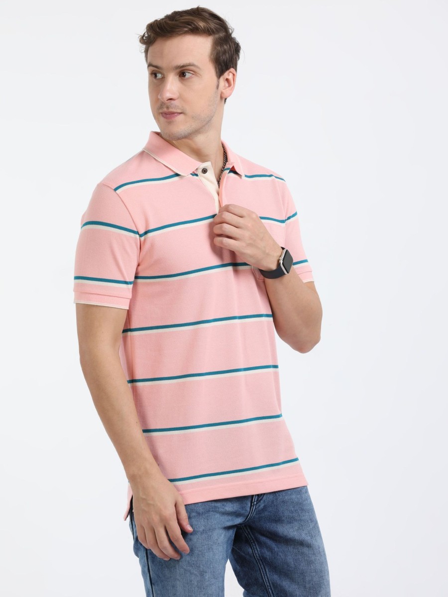 T-Shirts Classic Polo | Classic Polo Mens Cotton Half Sleeves Striped Slim Fit Polo Neck Pink Color T-Shirt | Adore - 208 A Sf P