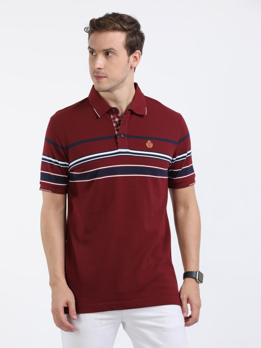 T-Shirts Classic Polo | Classic Polo Mens Cotton Half Sleeves Striped Slim Fit Polo Neck Maroon Color T-Shirt | Vta - 245 A Sf P