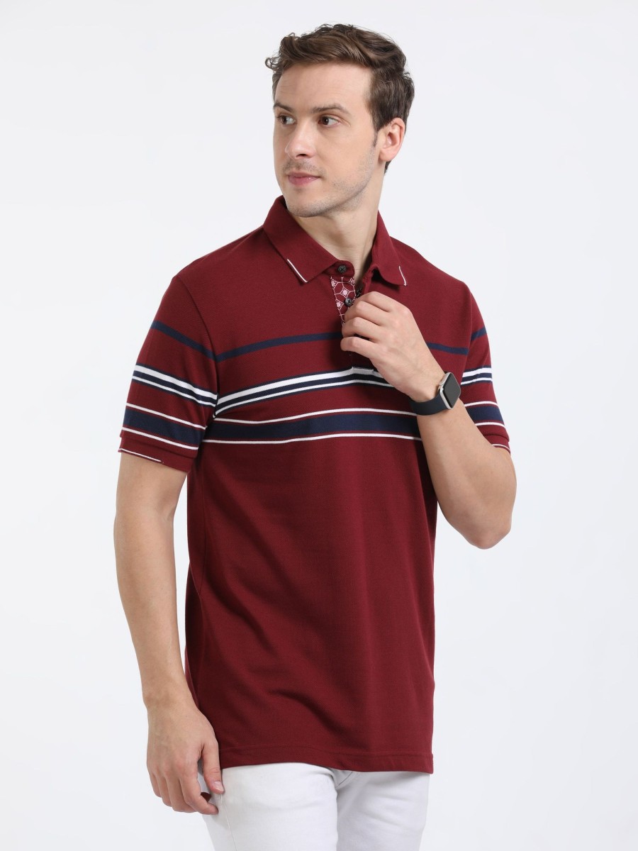 T-Shirts Classic Polo | Classic Polo Mens Cotton Half Sleeves Striped Slim Fit Polo Neck Maroon Color T-Shirt | Vta - 245 A Sf P