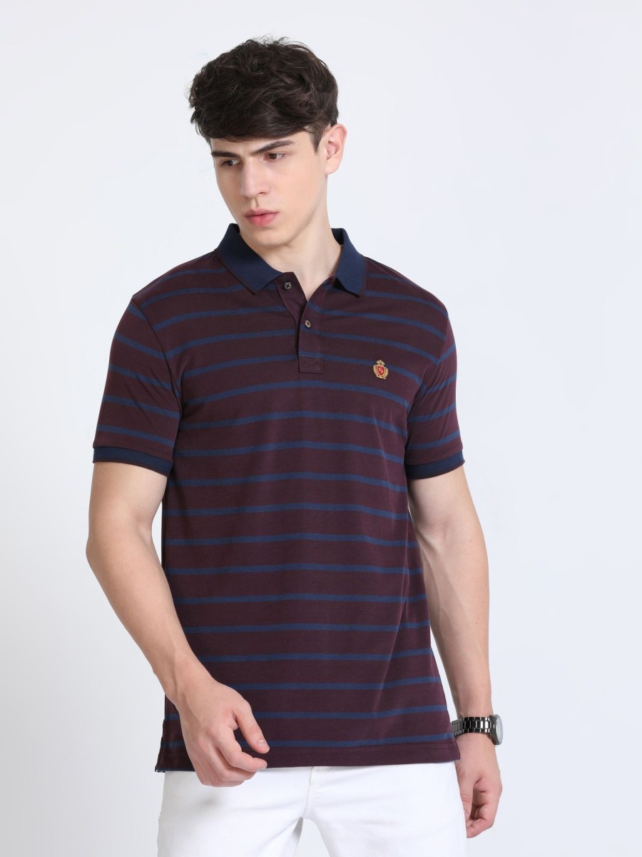 T-Shirts Classic Polo | Classic Polo Mens Cotton Half Sleeves Striped Slim Fit Polo Neck Burgudy Color T-Shirt | Cpeg - 310 B Sf P