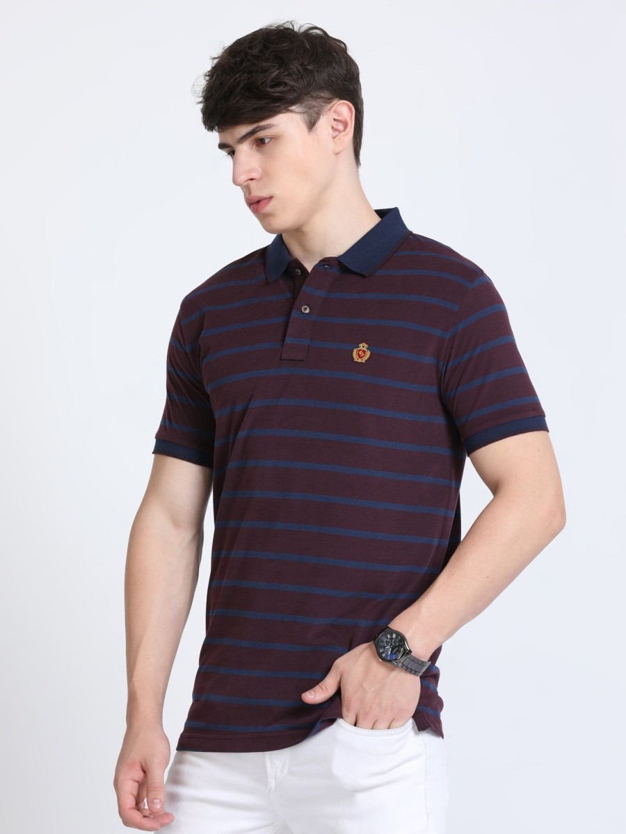 T-Shirts Classic Polo | Classic Polo Mens Cotton Half Sleeves Striped Slim Fit Polo Neck Burgudy Color T-Shirt | Cpeg - 310 B Sf P