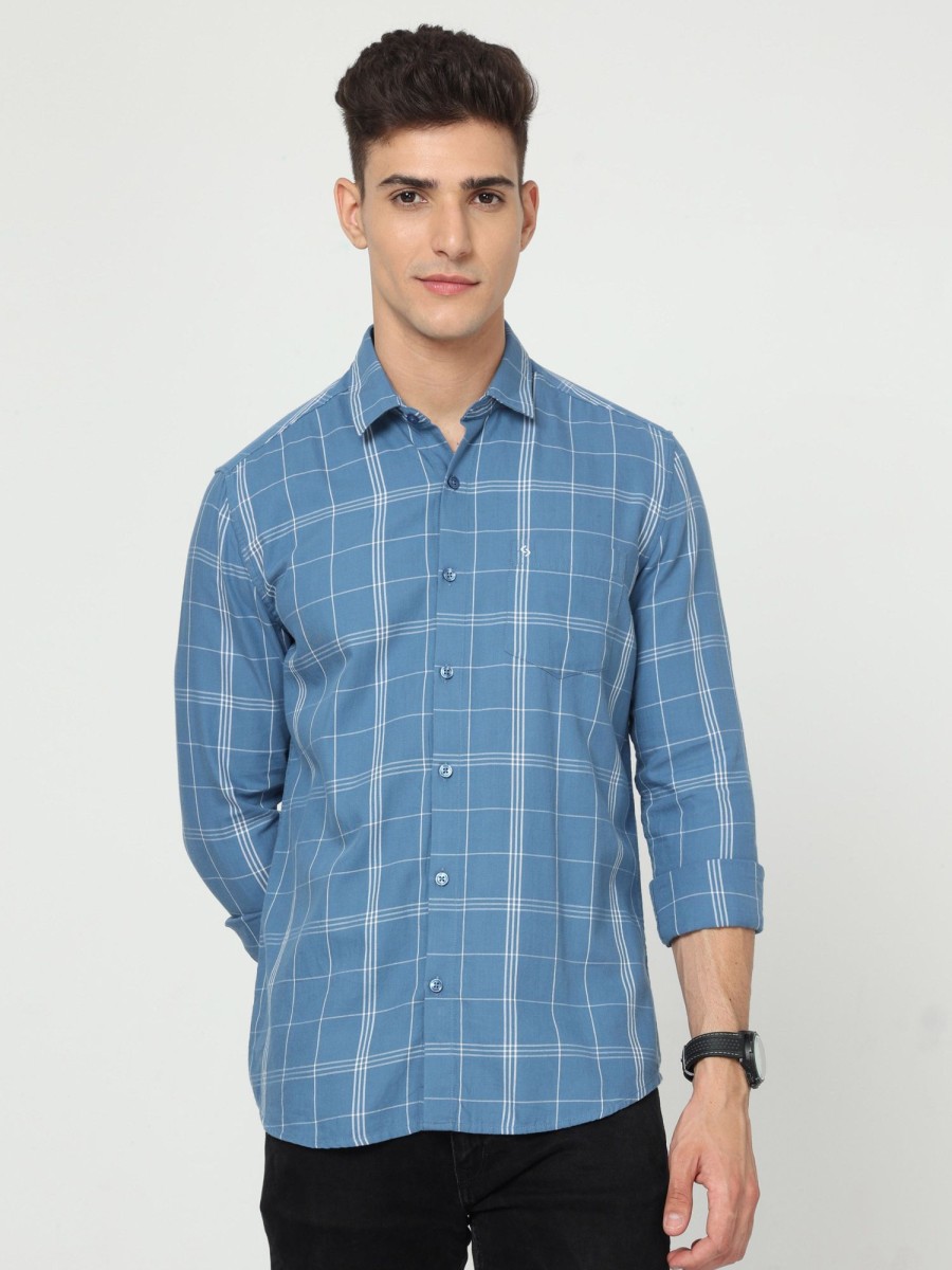 Shirts Classic Polo | Classic Polo Mens Cotton Full Sleeve Checked Slim Fit Polo Neck Blue Color Woven Shirt | So1-92 B-Fs-Chk