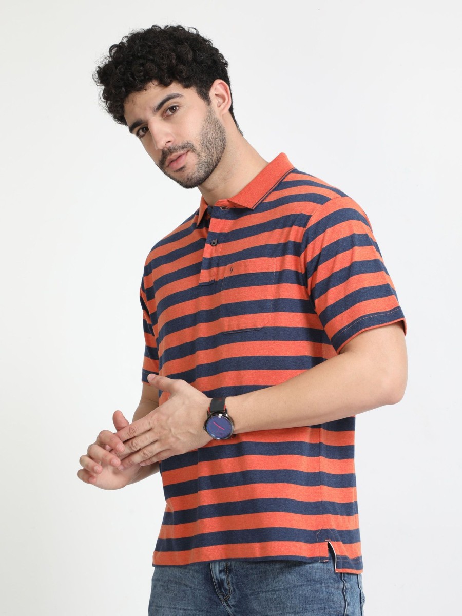 T-Shirts Classic Polo | Classic Polo Mens Cotton Half Sleeves Striped Authentic Fit Polo Neck Orange Color T-Shirt | Mel - 239 B Af P