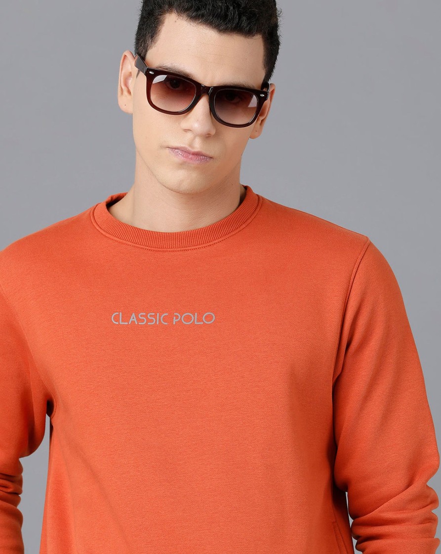 T-Shirts Classic Polo | Classic Polo Mens Cotton Blend Full Sleeve Solid Slim Fit Orange Color Round Neck Sweat Shirt | Cpss - 414 J