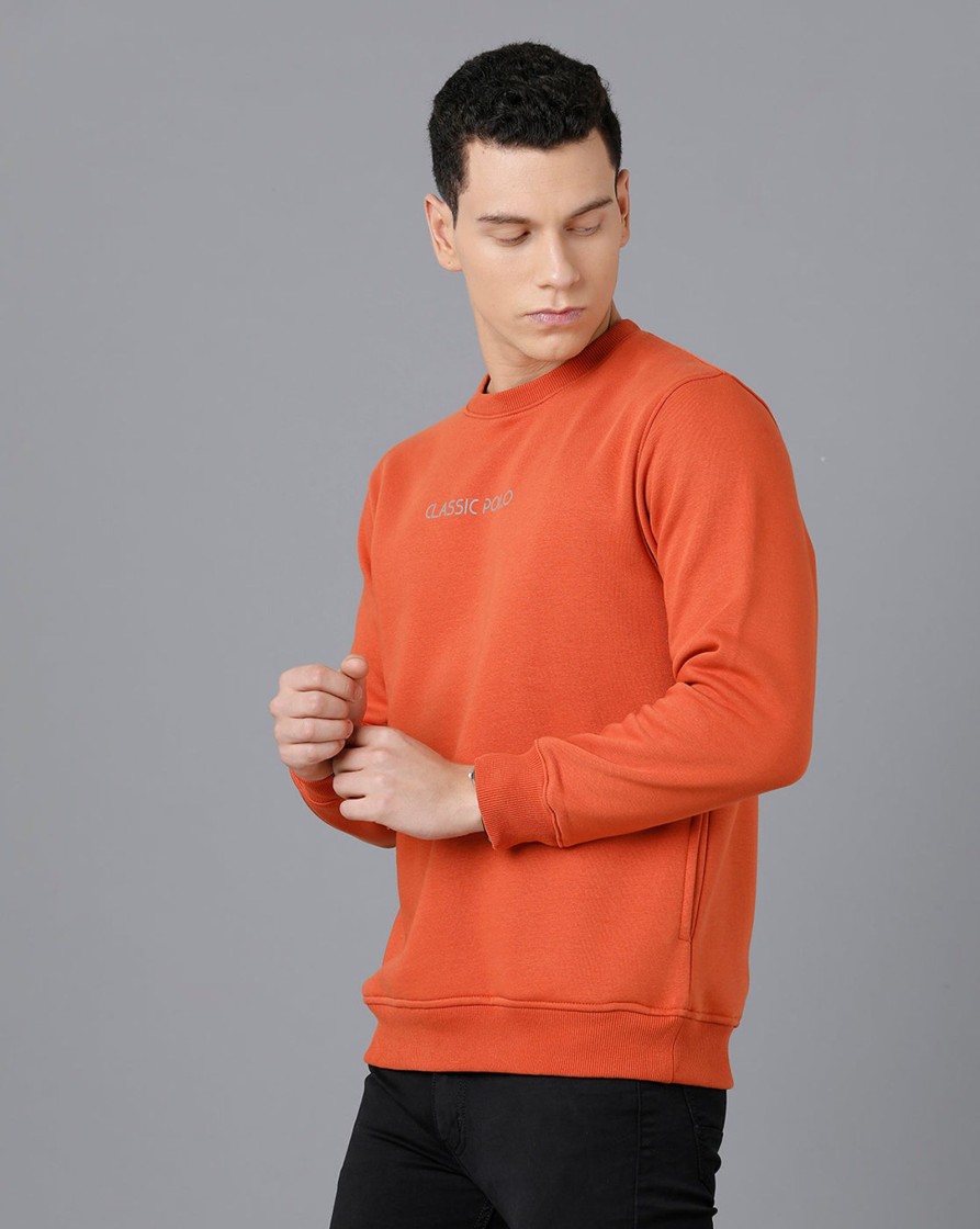 T-Shirts Classic Polo | Classic Polo Mens Cotton Blend Full Sleeve Solid Slim Fit Orange Color Round Neck Sweat Shirt | Cpss - 414 J