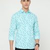 Shirts Classic Polo | Classic Polo Mens Cotton Full Sleeve Printed Slim Fit Polo Neck Aqua Color Woven Shirt | So1-150 B-Fs-Prt