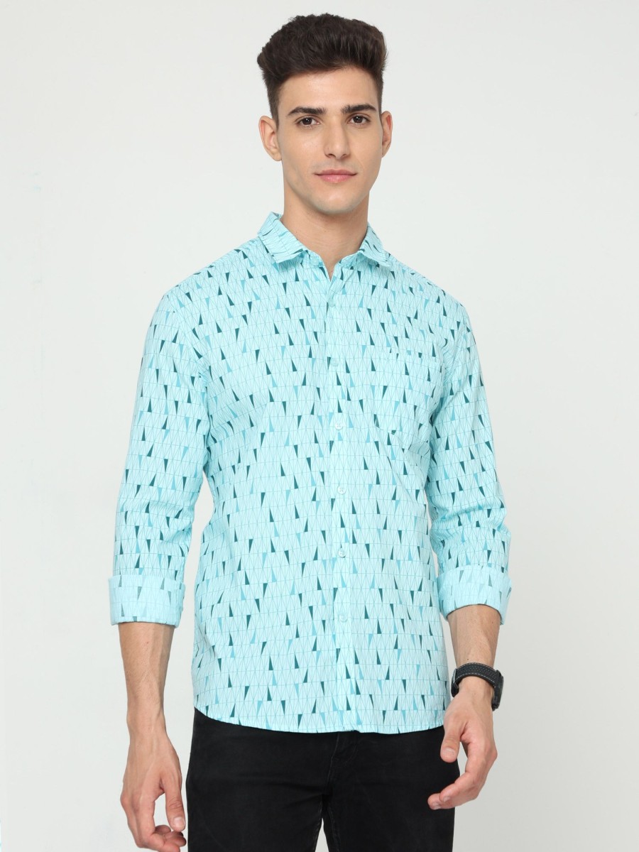 Shirts Classic Polo | Classic Polo Mens Cotton Full Sleeve Printed Slim Fit Polo Neck Aqua Color Woven Shirt | So1-150 B-Fs-Prt