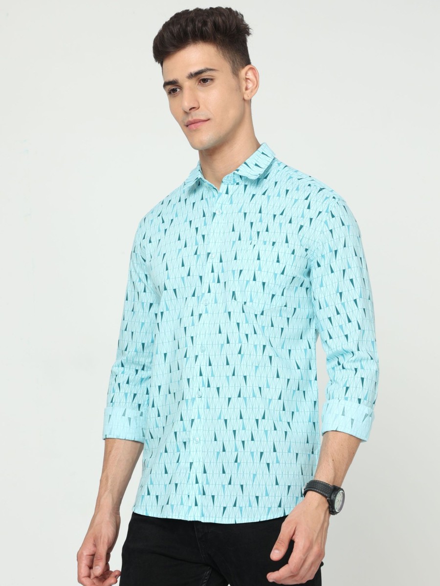 Shirts Classic Polo | Classic Polo Mens Cotton Full Sleeve Printed Slim Fit Polo Neck Aqua Color Woven Shirt | So1-150 B-Fs-Prt