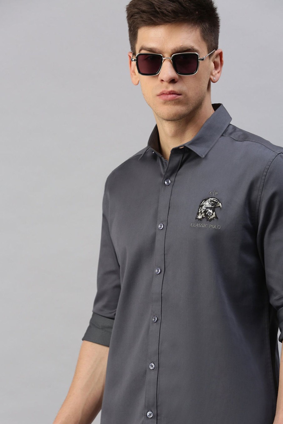 Shirts Classic Polo | Classic Polo Men'S Cotton Full Sleeve Solid Slim Fit Polo Neck Grey Color Woven Shirt | So1-38 C