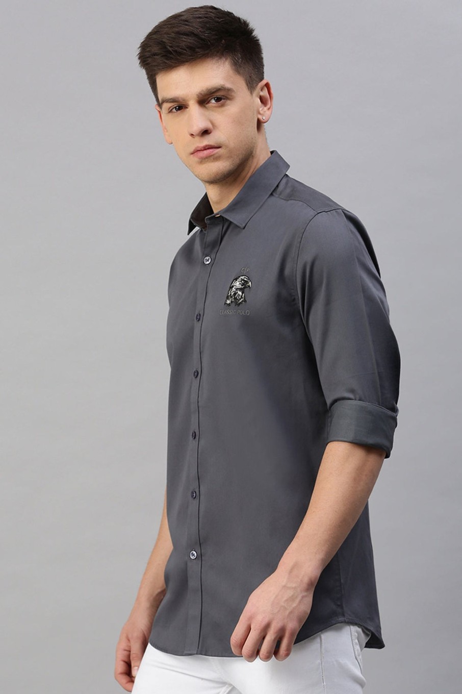 Shirts Classic Polo | Classic Polo Men'S Cotton Full Sleeve Solid Slim Fit Polo Neck Grey Color Woven Shirt | So1-38 C