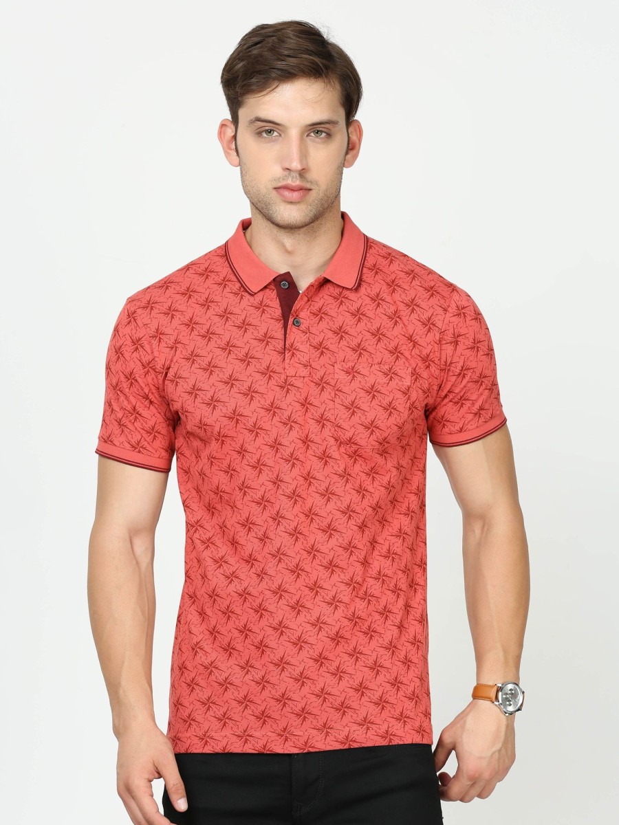 T-Shirts Classic Polo | Classic Polo Mens Cotton Half Sleeves Printed Slim Fit Polo Neck Red Color T-Shirt | Beau - 215 B Sf P