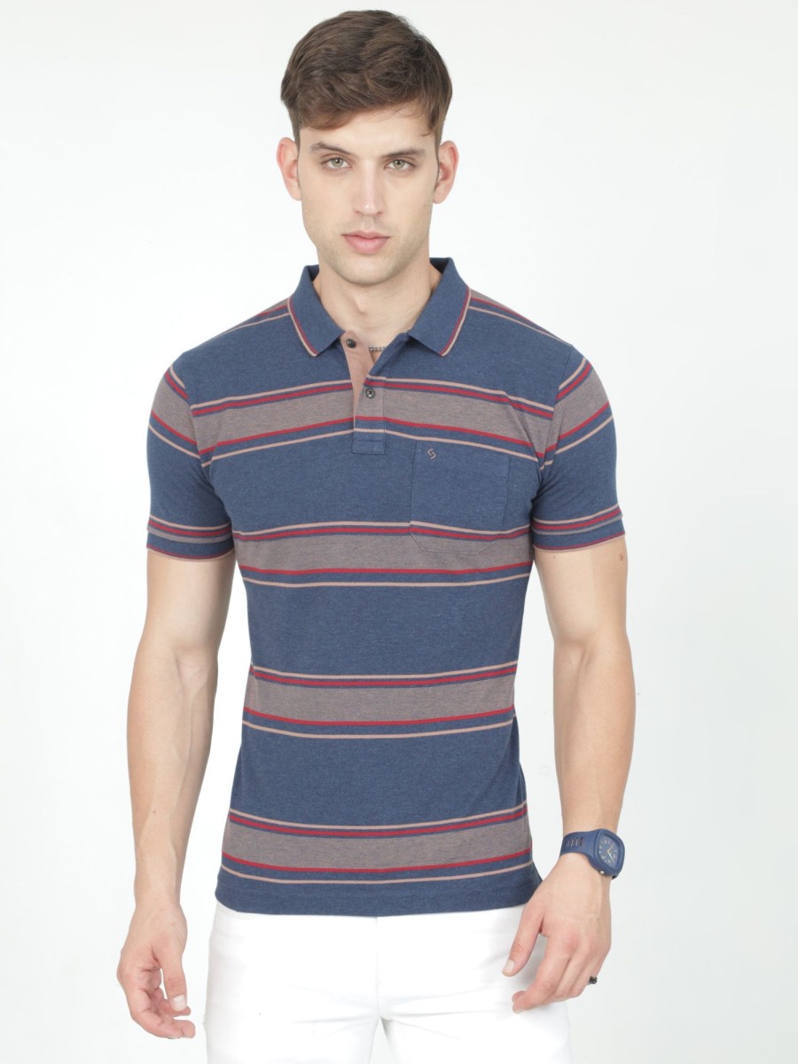 T-Shirts Classic Polo | Classic Polo Mens Casual Navy Melange Striped Cotton T-Shirt | F-Adore - 108 B Sf P