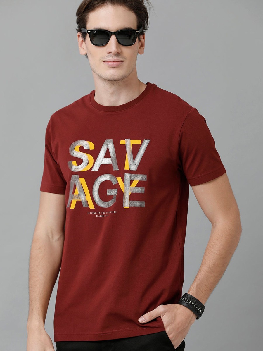 T-Shirts Classic Polo | Classic Polo Men'S Cotton Printed Half Sleeve Slim Fit Round Neck Maroon Color T-Shirt | Baleno - 497 A