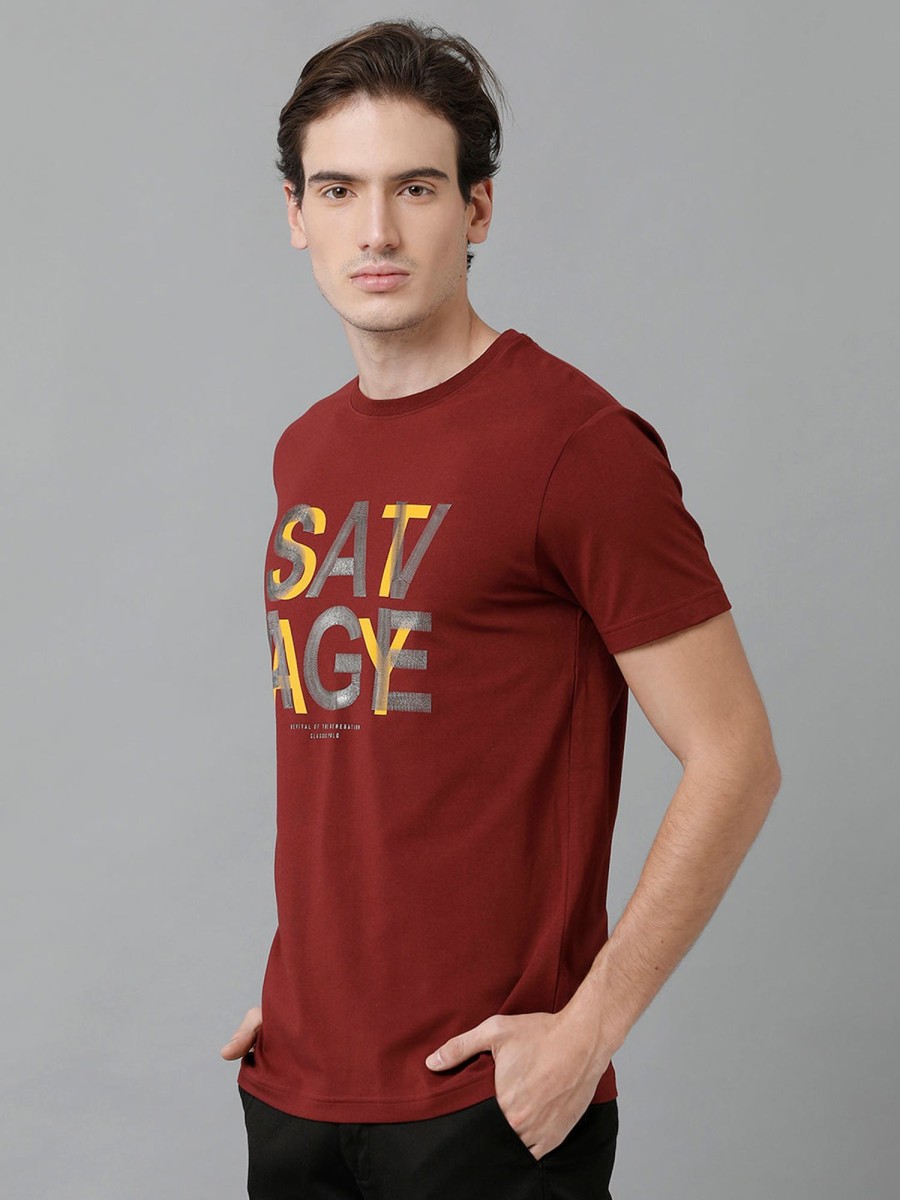 T-Shirts Classic Polo | Classic Polo Men'S Cotton Printed Half Sleeve Slim Fit Round Neck Maroon Color T-Shirt | Baleno - 497 A