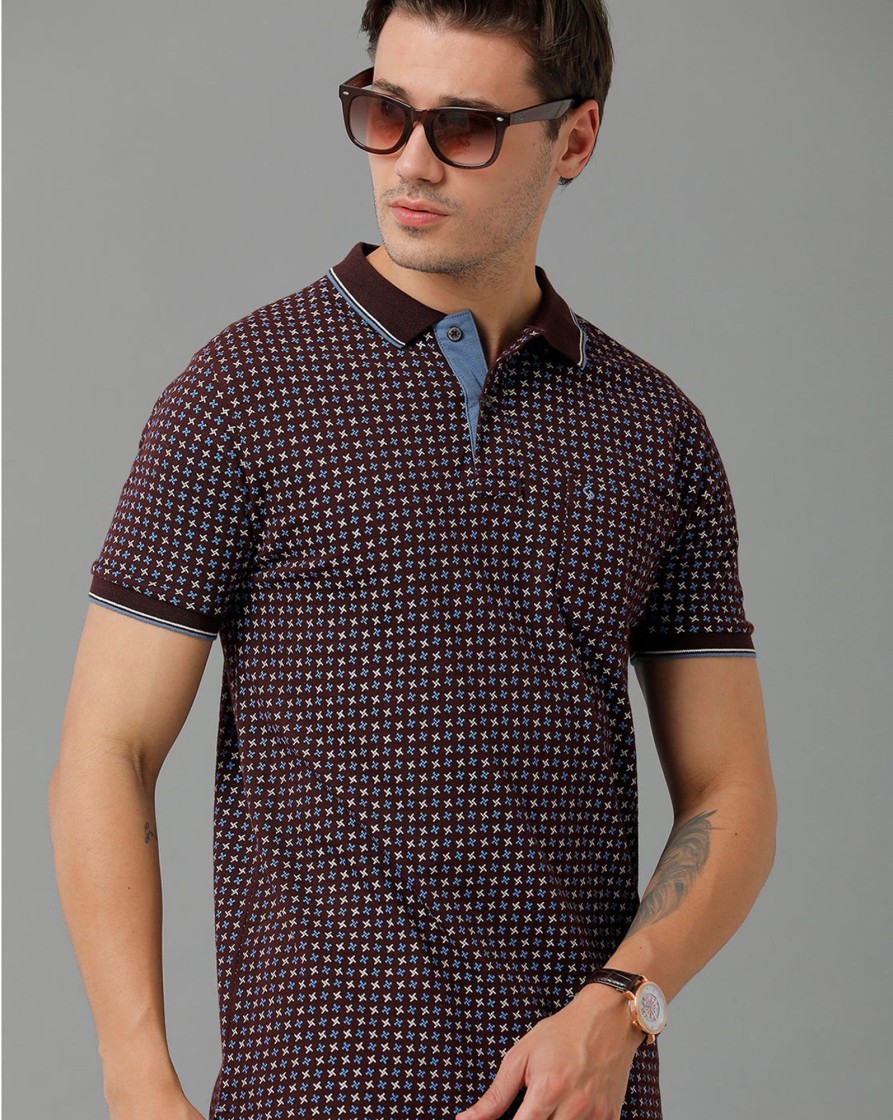 T-Shirts Classic Polo | Classic Polo Men'S Cotton Half Sleeve Printed Slim Fit Polo Neck Brown Color T-Shirt | Beau - 203 B