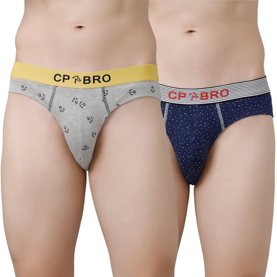 Innerwear CP BRO | Cp Bro Men'S Printed Briefs With Exposed Waistband Value Pack - Grey Anchor & Navy Dot (Pack Of 2)