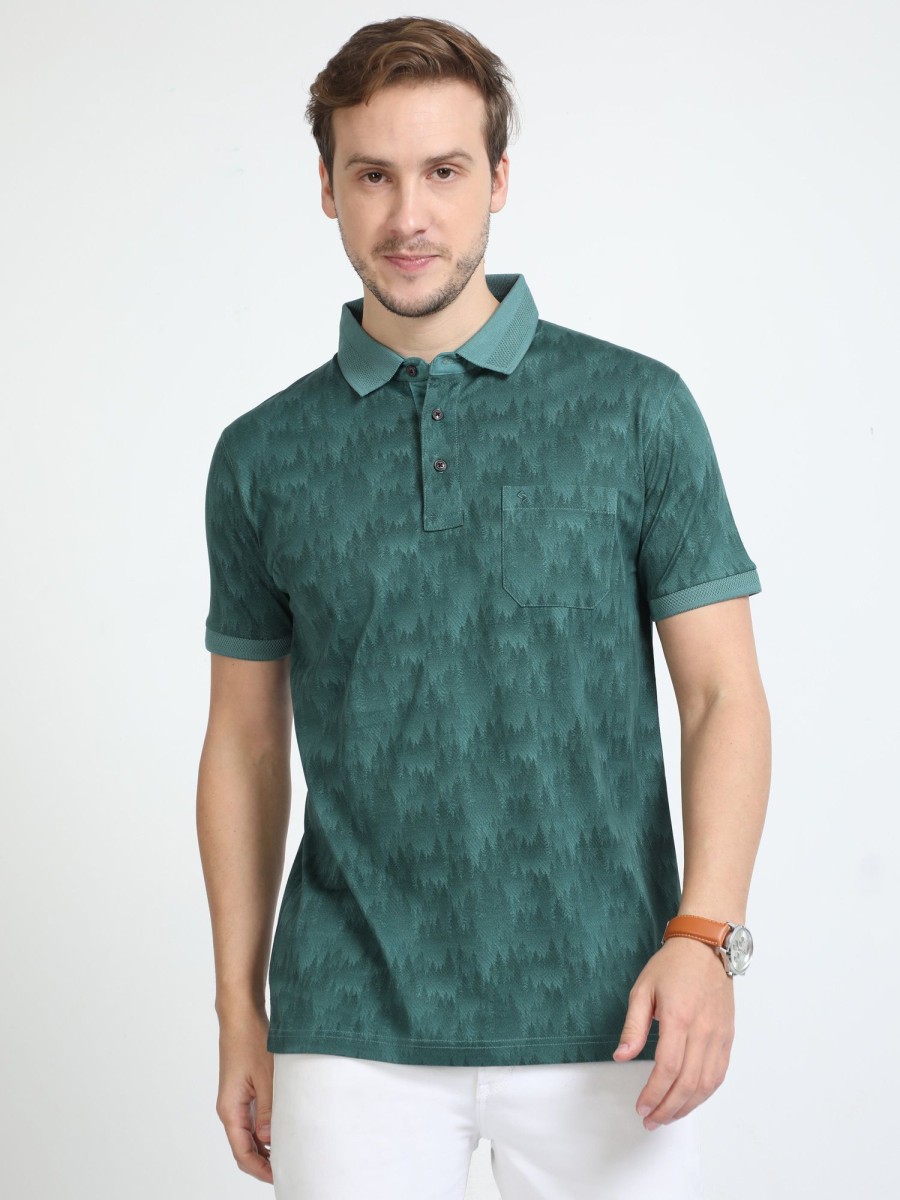 T-Shirts Classic Polo | Classic Polo Mens Cotton Half Sleeves Floral Slim Fit Polo Neck Green Color T-Shirt | Scant - 31 A Sf P