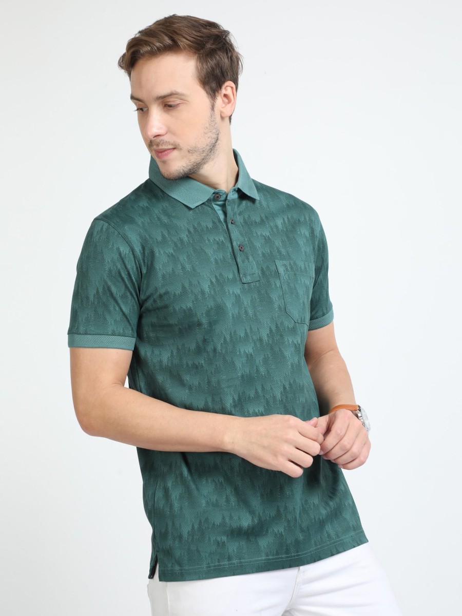 T-Shirts Classic Polo | Classic Polo Mens Cotton Half Sleeves Floral Slim Fit Polo Neck Green Color T-Shirt | Scant - 31 A Sf P