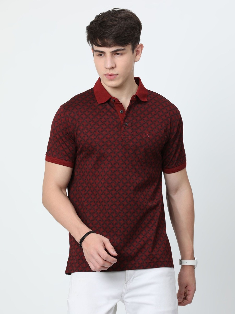 T-Shirts Classic Polo | Classic Polo Mens Cotton Half Sleeves Floral Authentic Fit Polo Neck Maroon Color T-Shirt | Swank - 04 B Af P